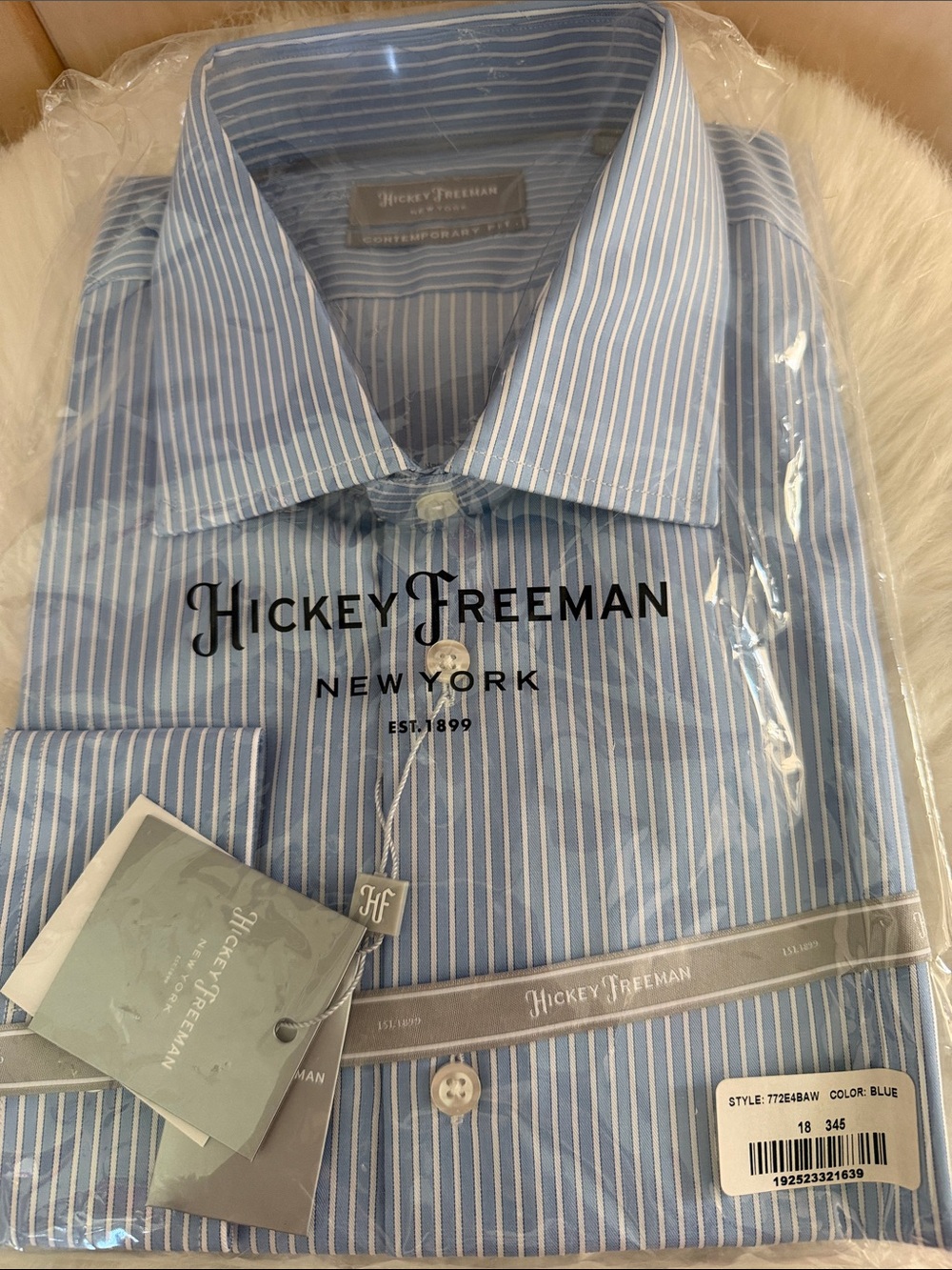 Hickey Freeman Contemporary Fit 18 Light Blue and White Pinstripe Dress Shirt